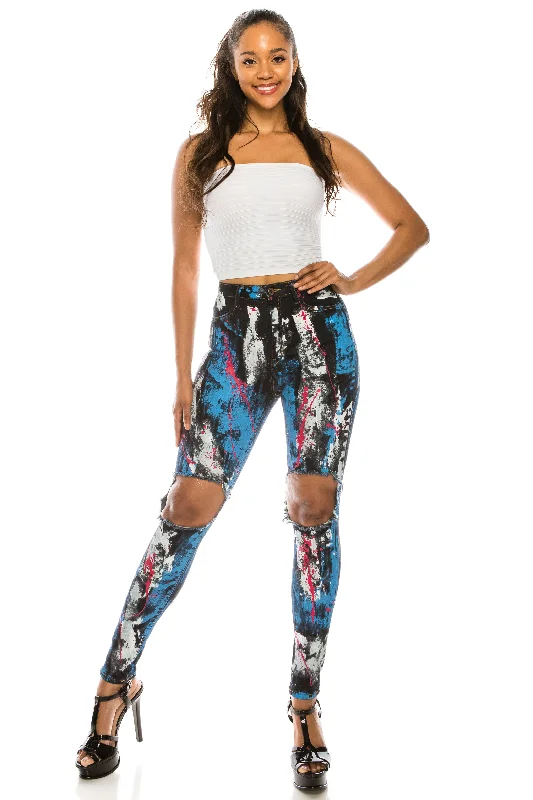 4574 Women's High Waisted Paint Splashed Distressed Skinny Jeans