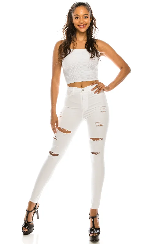 4664 women's Super High Waisted Distressed Skinny Jeans