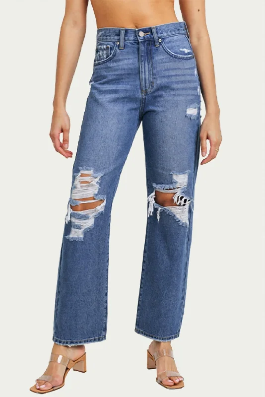 Distressed High-Rise Straight-Leg Jeans In Medium Denim