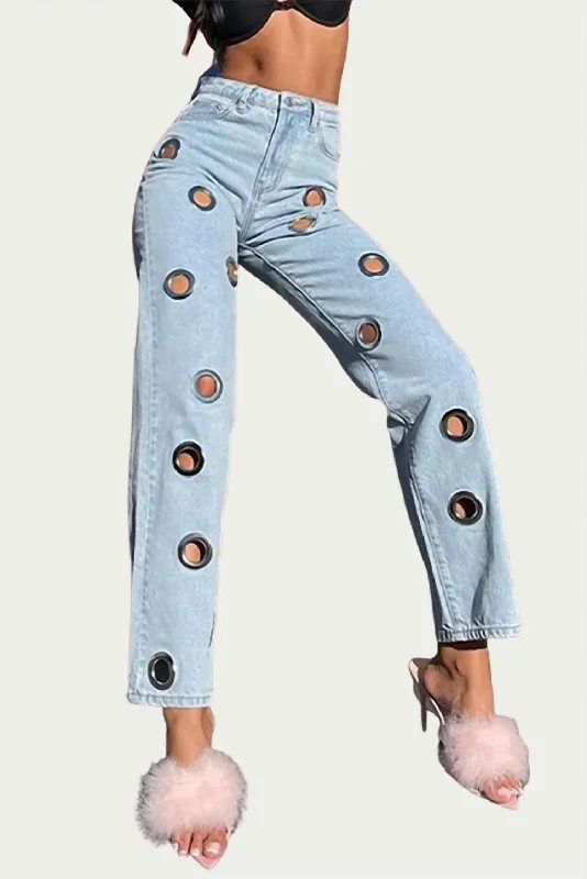 High-Rise Straight Leg Grommet Jeans In Light Blue