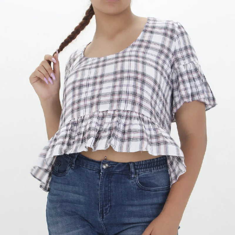 Women's Plaid Ruffle Top,White