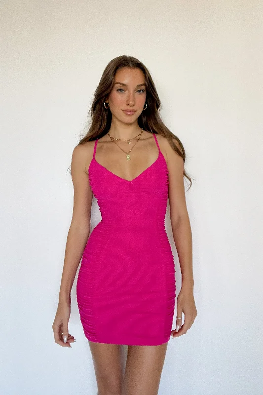 Kloss Ruched Mesh Mini Dress in Fuchsia