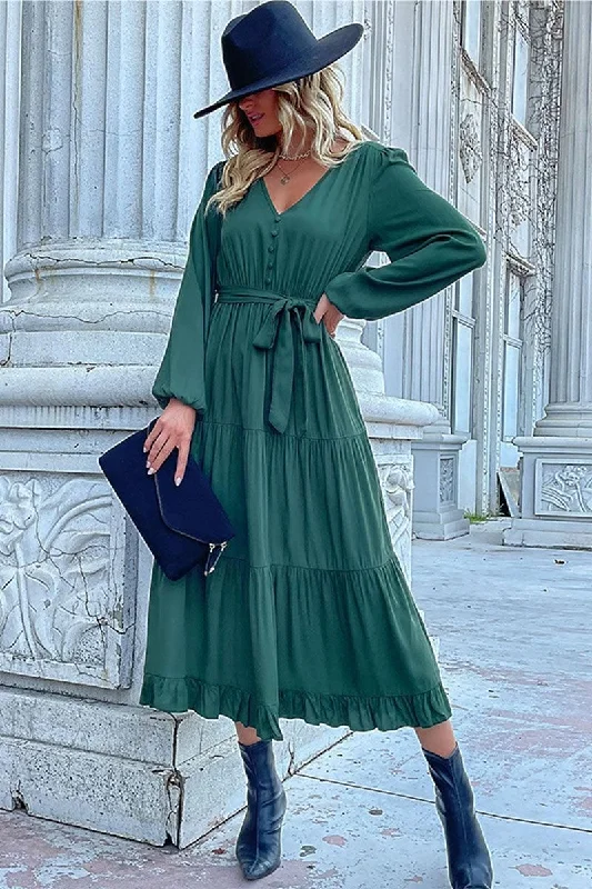 V NECK DRAWSTRING WAIST RUFFLED LONG DRESS