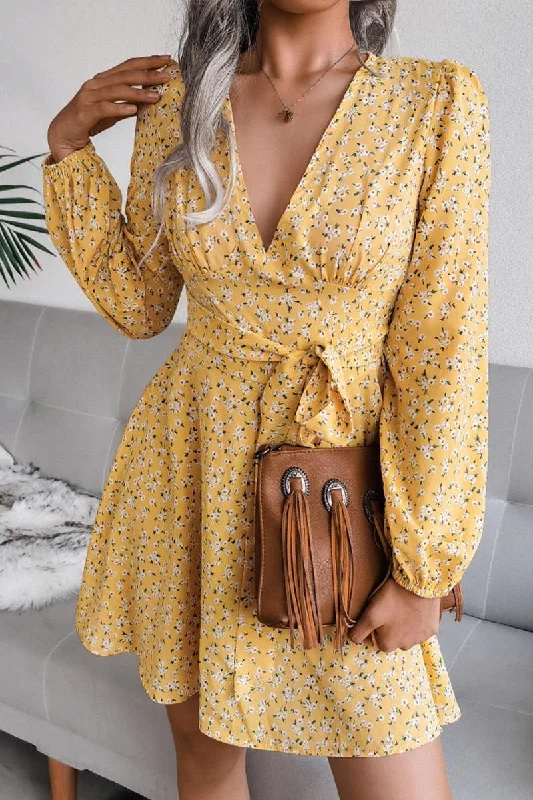 V NECK LONG SLEEVE FLORAL CHIFFON DRESS