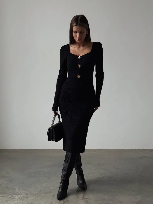 Elegant Black Ribbed Knit Midi Dress