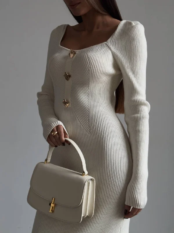 Elegant Cream Ribbed Knit Midi Dress