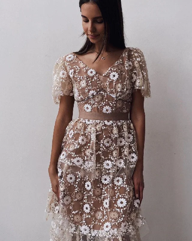 Floral Embroidered Tulle Midi Dress