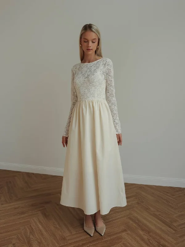 Long-Sleeve Lace Bodice Maxi Dress