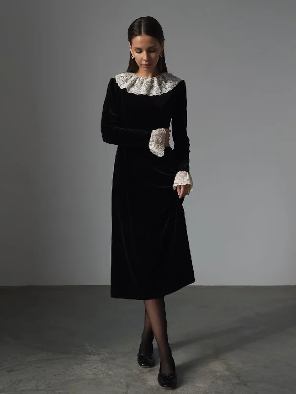 Timeless Black Velvet Dress with Lace Collar