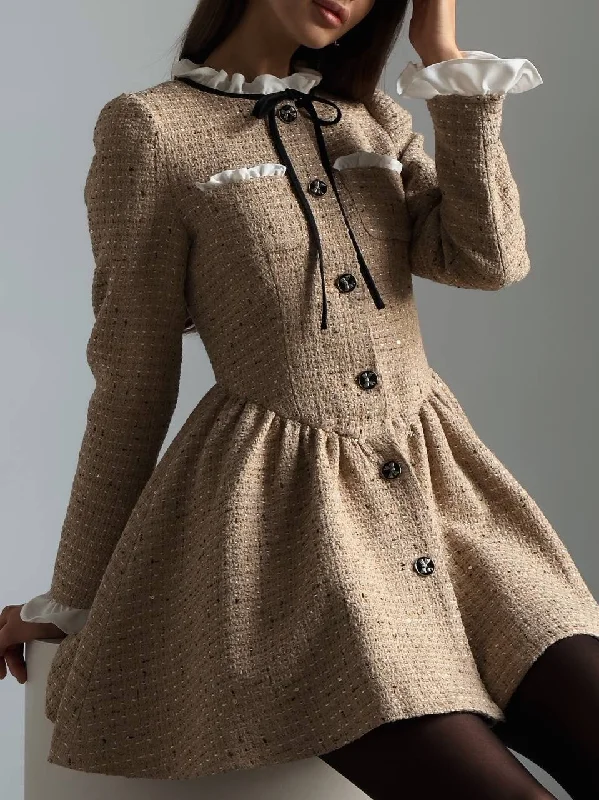 Tweed Button-Down Mini Dress with Ruffle Detail