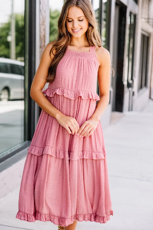 Celebrate Yourself Terracotta Pink Ruffled Midi Dress