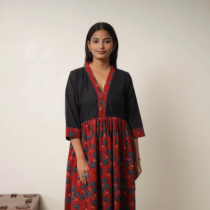 Red - Hand Block Print Cotton Flared Gher Ajrakh Dress 05