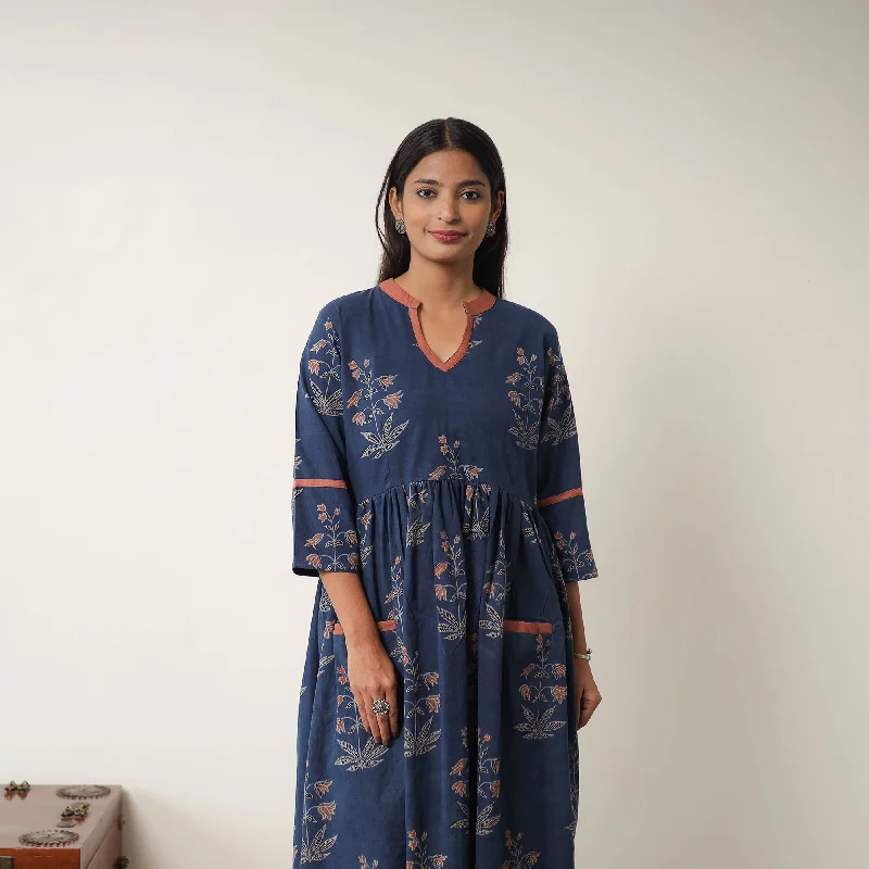 Blue - Hand Block Print Cotton Flared Gher Ajrakh Dress 07