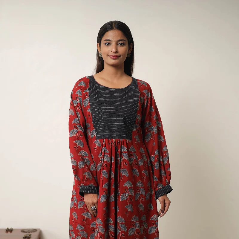 Red - Hand Block Print Cotton Flared Gher Ajrakh Dress 15