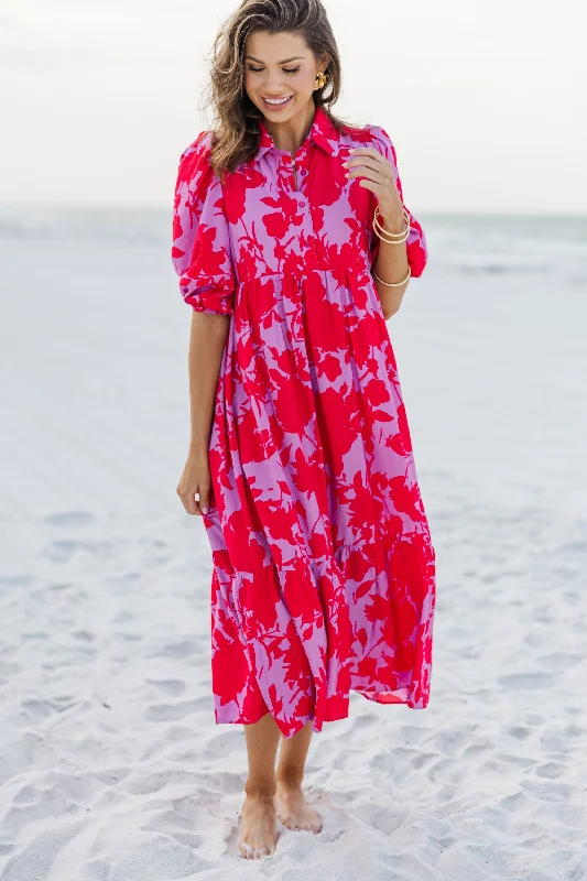 Here For A Good Time Red Floral Midi Dress