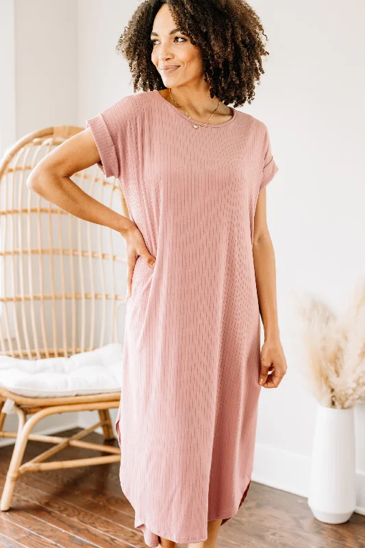 It's All Here Mauve Pink Ribbed Midi Dress