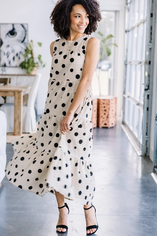 Just A Dream Khaki Brown Polka Dot Midi Dress