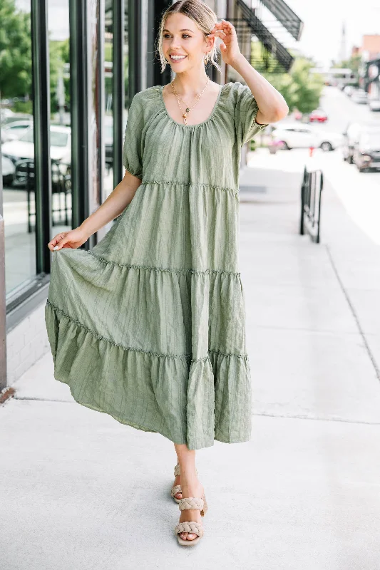 Listen To You Olive Green Tiered Midi Dress