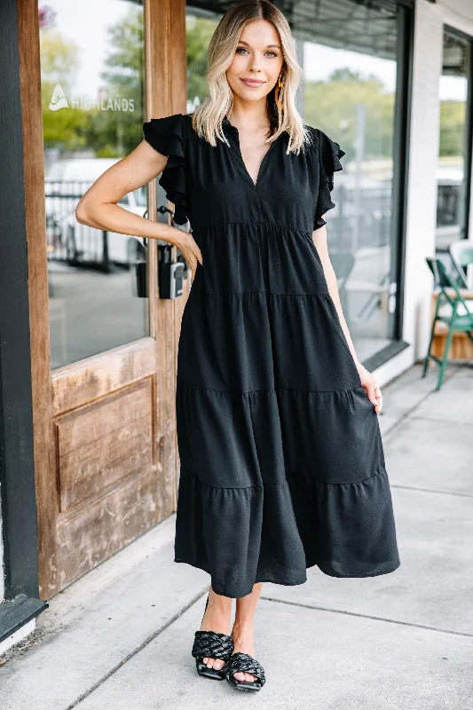 Look You Up Black Ruffled Midi Dress