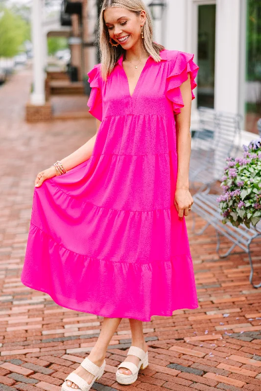 Look You Up Fuchsia Pink Ruffled Midi Dress