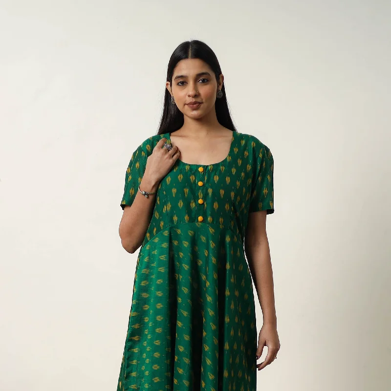 Green - Mercerized Cotton Flared Pochampally Ikat Dress 11