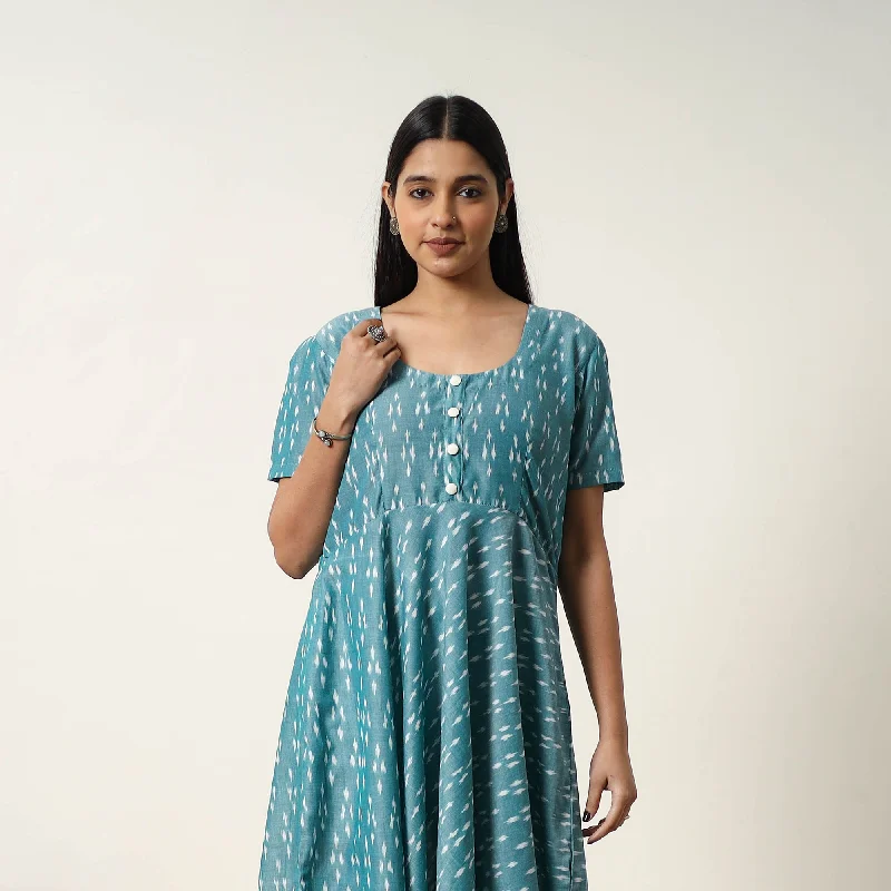 Blue - Mercerized Cotton Flared Pochampally Ikat Dress 15