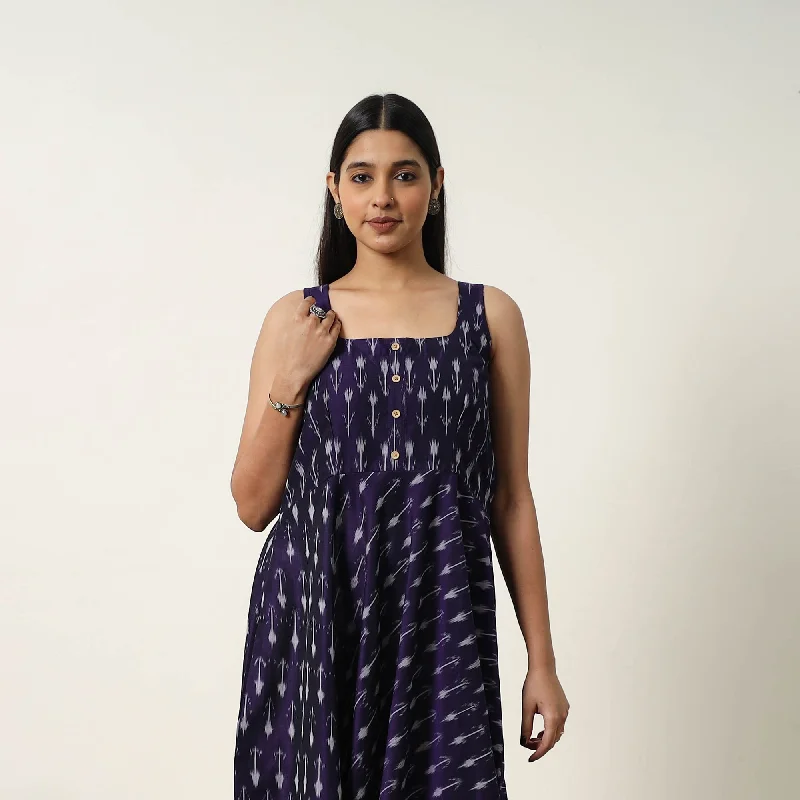 Blue - Mercerized Cotton Flared Pochampally Ikat Dress 18