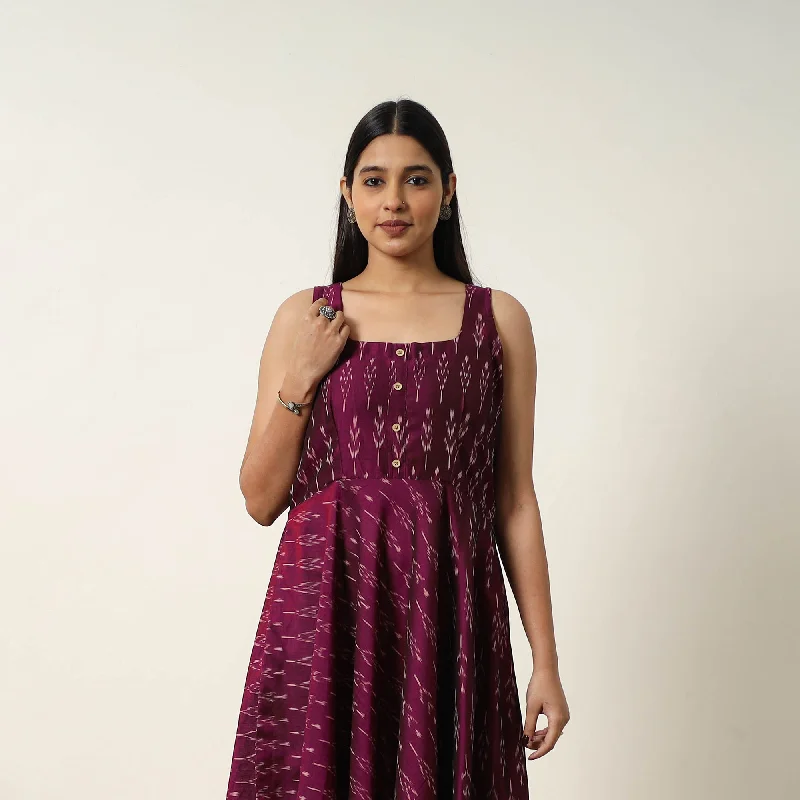 Purple - Mercerized Cotton Flared Pochampally Ikat Dress 19