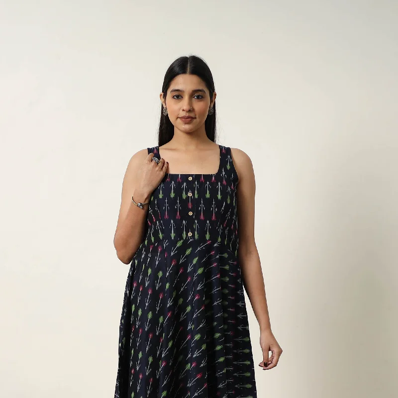 Black - Mercerized Cotton Flared Pochampally Ikat Dress 20