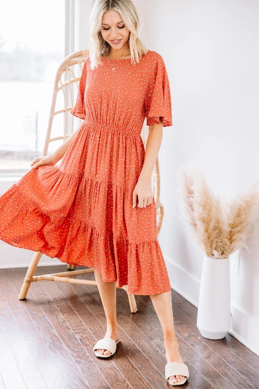 Never Say Never Coral Orange Polka Dot Midi Dress