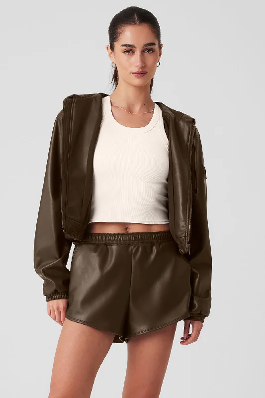 Faux Leather Power Hour Full Zip Cropped Jacket - Espresso