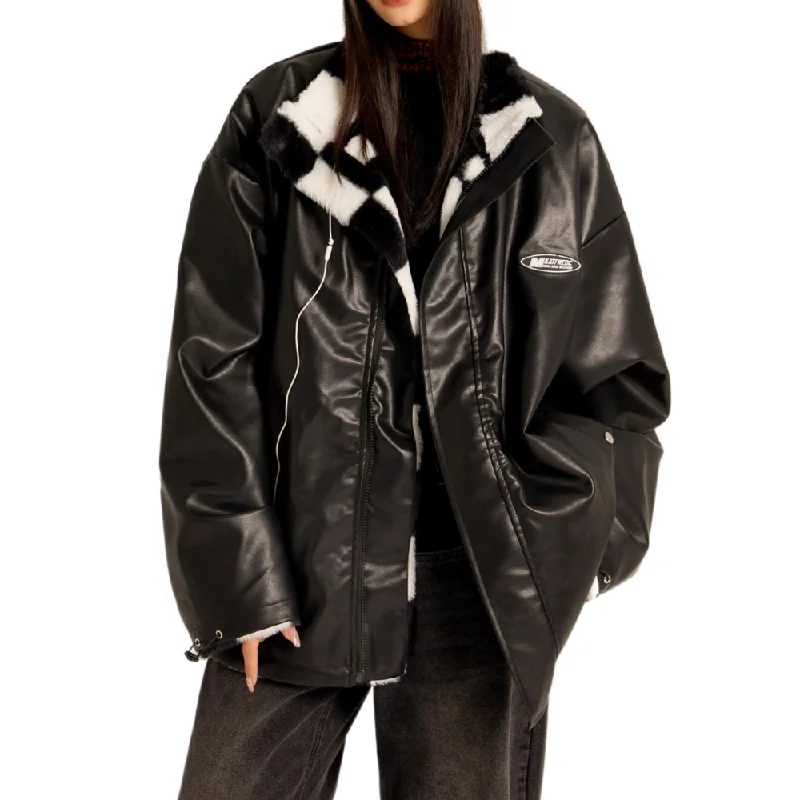 Women's Loose Checkerboard PU Coat